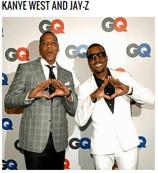 Kanye and Jay-Z flashing an Illuminati sign.