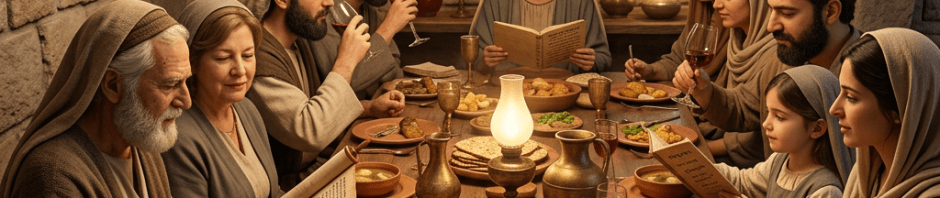 Family celebrating Passover Seder with traditional food and prayers