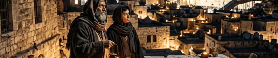 Two people dressed in ancient Middle Eastern robes holding a lantern on a stone terrace overlooking illuminated Jerusalem at night